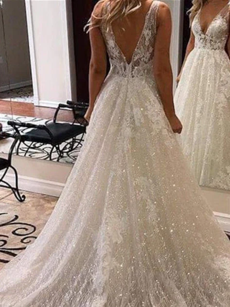 A-Line/Princess V-Neck Floor-Length Wedding Dress With Appliques - Image 2