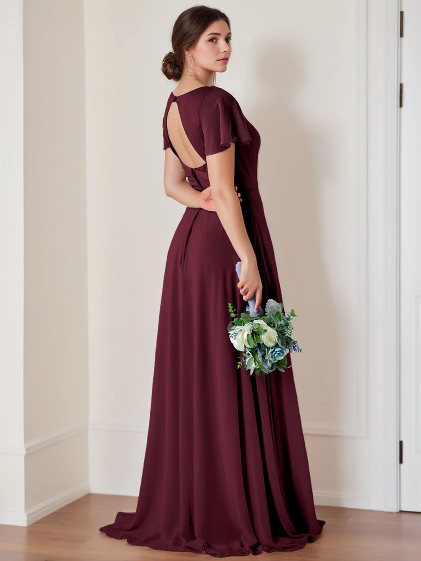 A-Line/Princess V-Neck Flutter Sleeves Floor-Length Bridesmaid Dresses with Ruching - Image 2