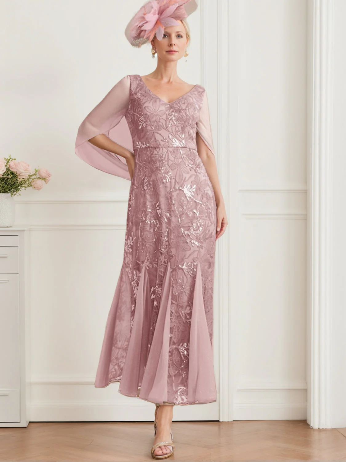 A-Line/Princess V-Neck Half Sleeves Ankle-Length Mother of the Bride Dresses with Solid Colour & Lace