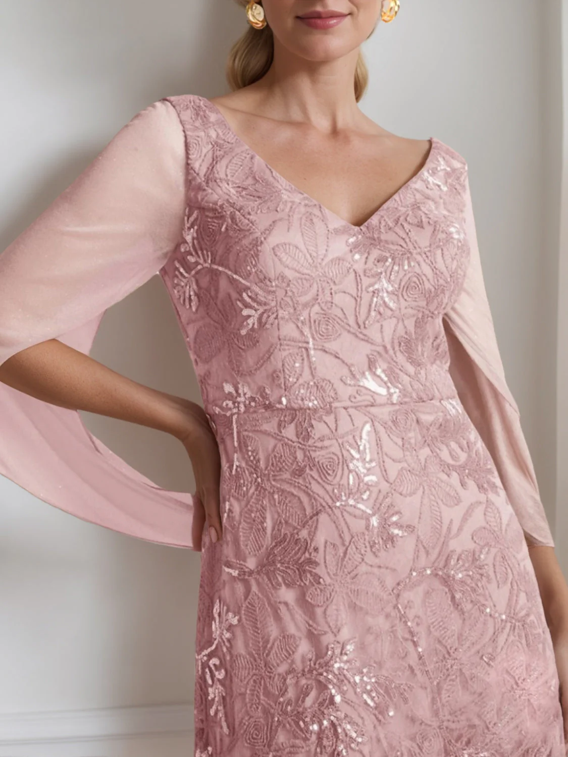 A-Line/Princess V-Neck Half Sleeves Ankle-Length Mother of the Bride Dresses with Solid Colour & Lace - Image 3