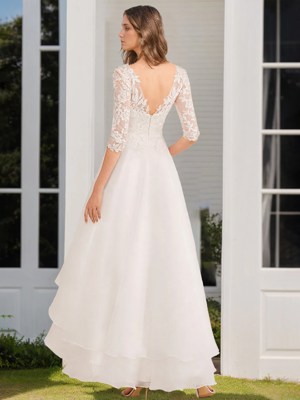 A-Line/Princess V-Neck Half Sleeves Asymmetrical Wedding Dress with Appliques - Image 2