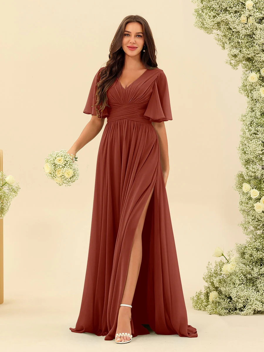A-Line/Princess V-Neck Half Sleeves Chiffon Bridesmaid Dresses With Pockets & Split Side - Image 15