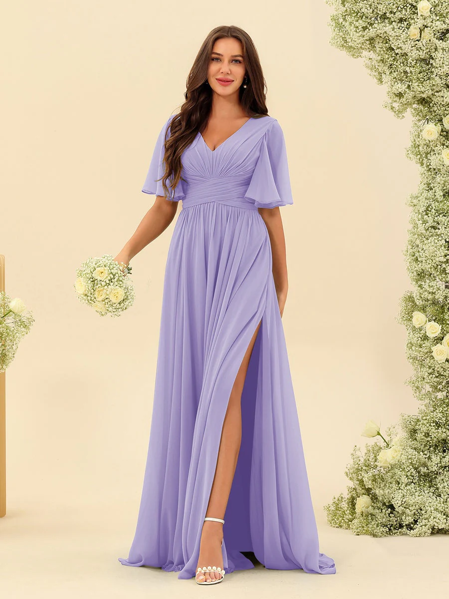 A-Line/Princess V-Neck Half Sleeves Chiffon Bridesmaid Dresses With Pockets & Split Side - Image 16