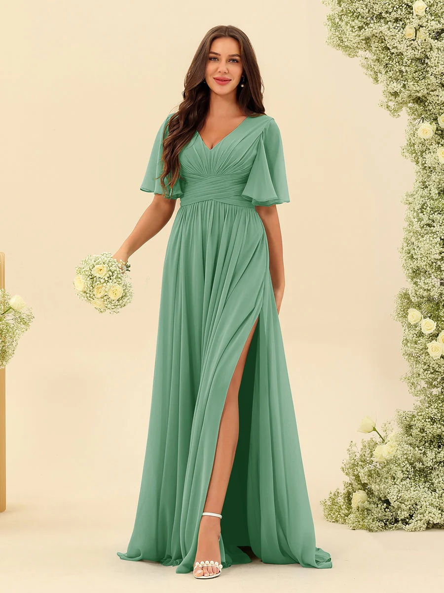 A-Line/Princess V-Neck Half Sleeves Chiffon Bridesmaid Dresses With Pockets & Split Side - Image 19