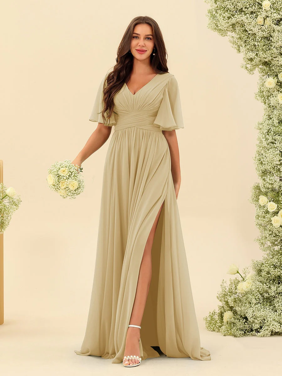 A-Line/Princess V-Neck Half Sleeves Chiffon Bridesmaid Dresses With Pockets & Split Side - Image 26
