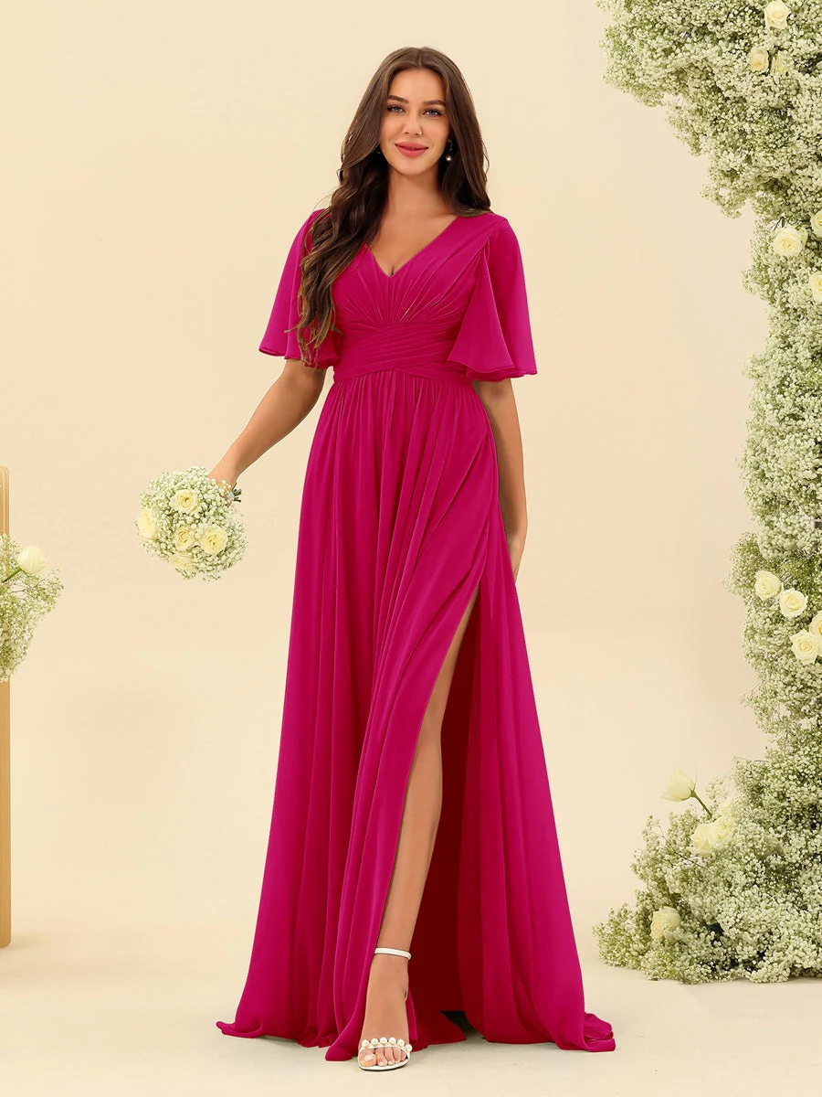 A-Line/Princess V-Neck Half Sleeves Chiffon Bridesmaid Dresses With Pockets & Split Side - Image 37