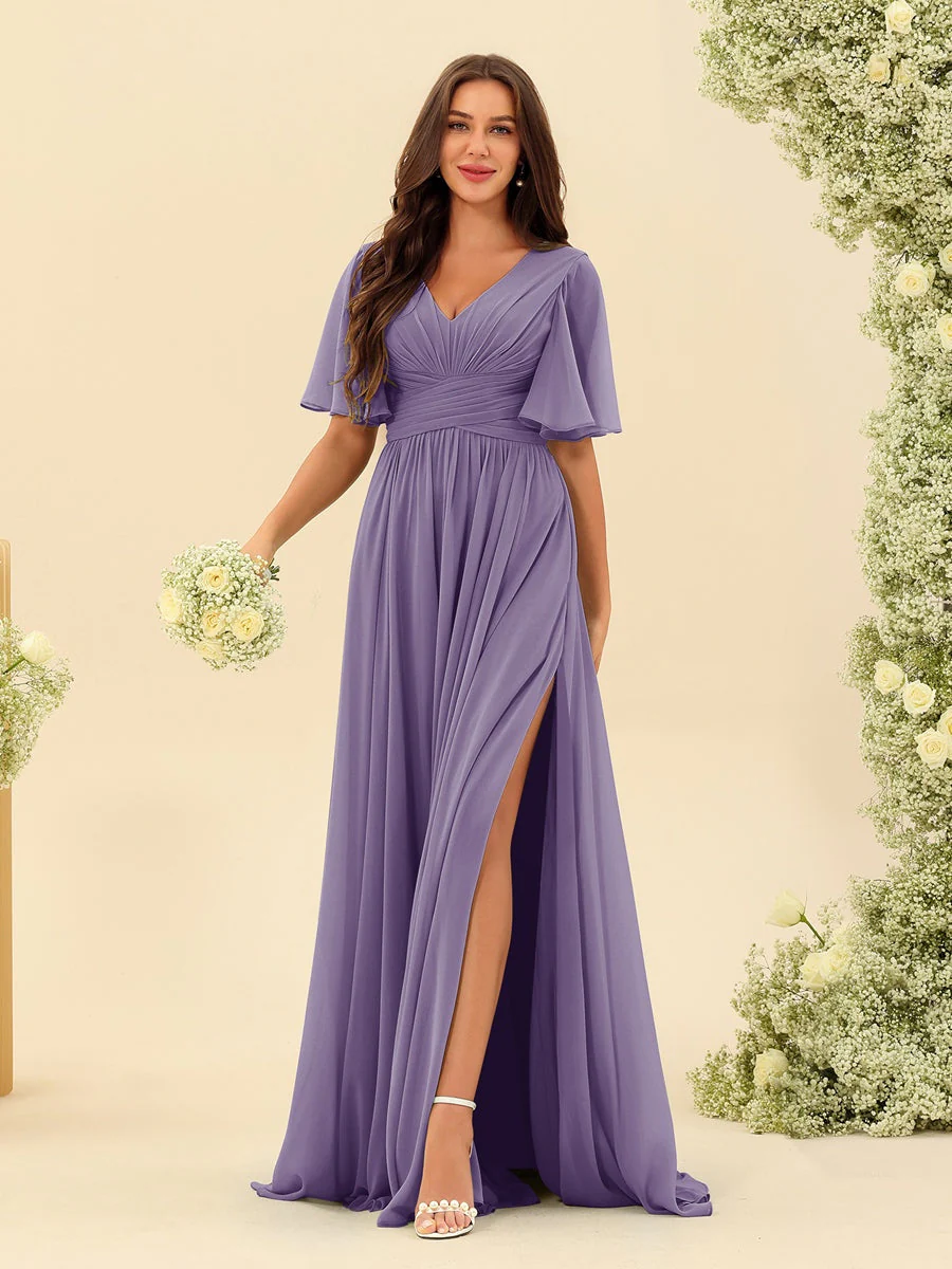 A-Line/Princess V-Neck Half Sleeves Chiffon Bridesmaid Dresses With Pockets & Split Side - Image 42