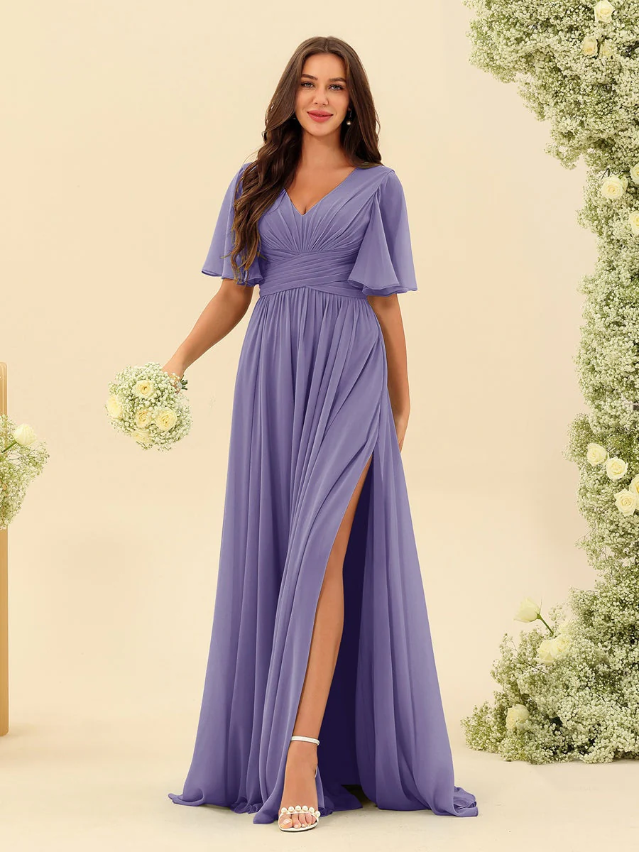 A-Line/Princess V-Neck Half Sleeves Chiffon Bridesmaid Dresses With Pockets & Split Side - Image 43
