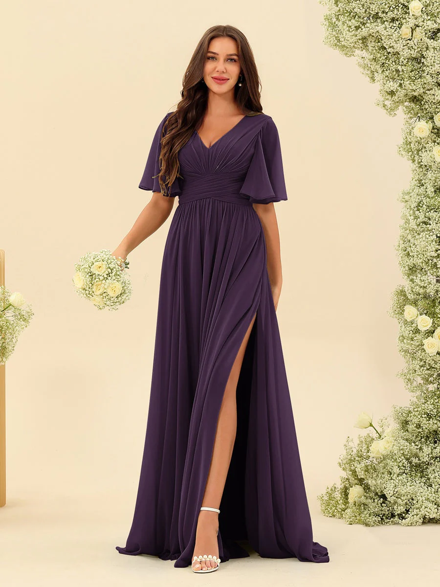 A-Line/Princess V-Neck Half Sleeves Chiffon Bridesmaid Dresses With Pockets & Split Side - Image 47