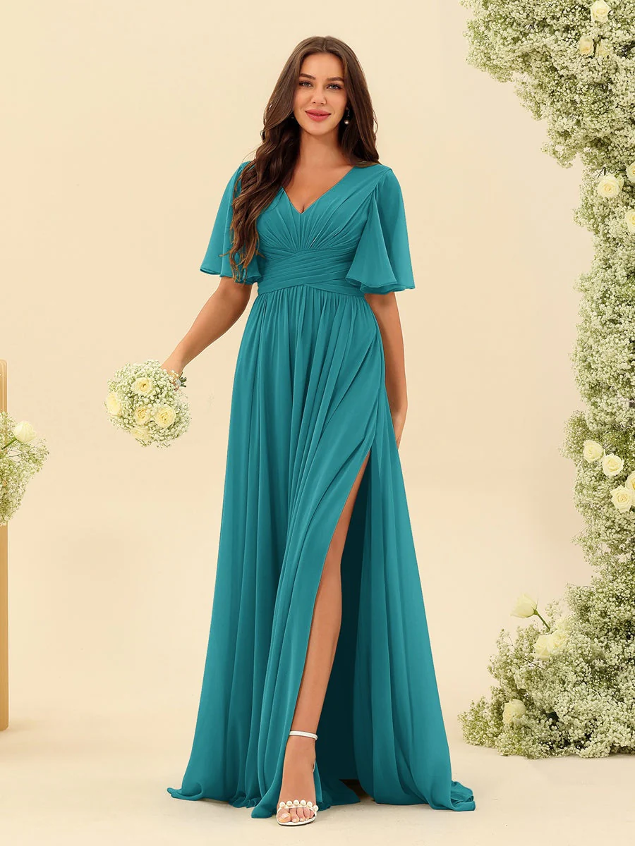 A-Line/Princess V-Neck Half Sleeves Chiffon Bridesmaid Dresses With Pockets & Split Side - Image 53