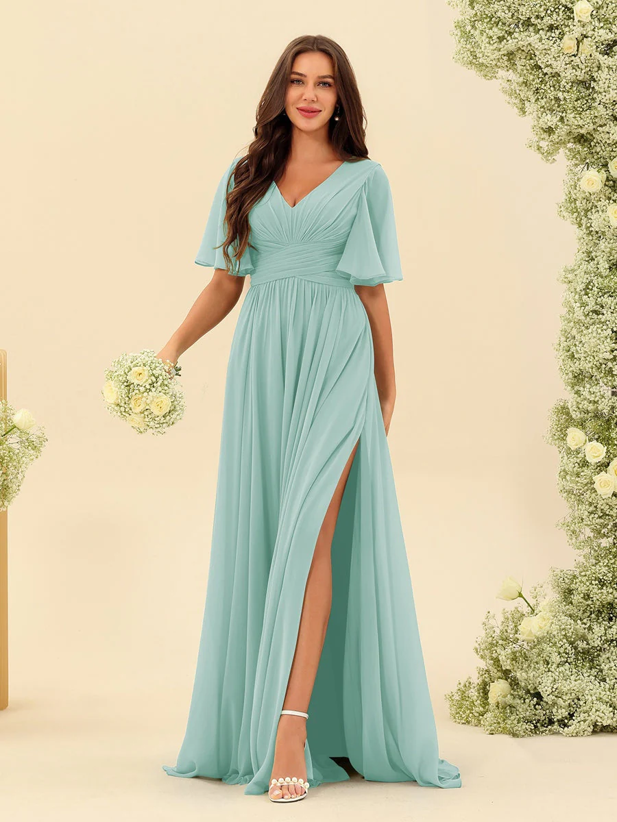 A-Line/Princess V-Neck Half Sleeves Chiffon Bridesmaid Dresses With Pockets & Split Side - Image 61