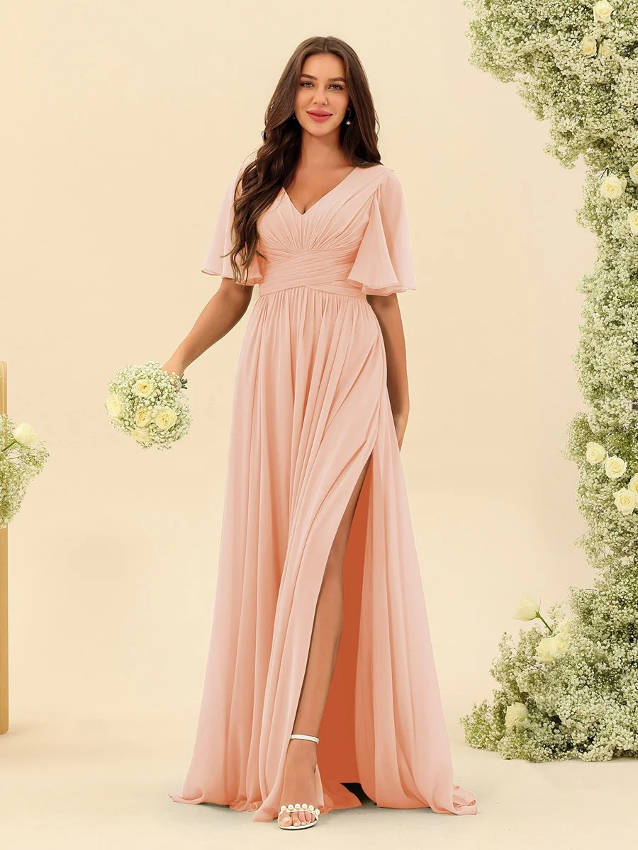 A-Line/Princess V-Neck Half Sleeves Chiffon Bridesmaid Dresses With Pockets & Split Side - Image 87