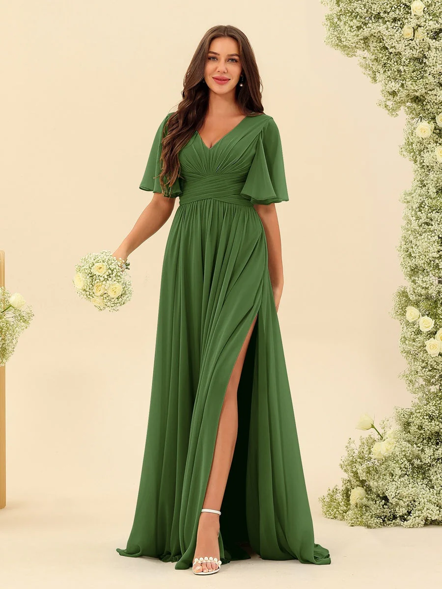 A-Line/Princess V-Neck Half Sleeves Chiffon Bridesmaid Dresses With Pockets & Split Side - Image 96