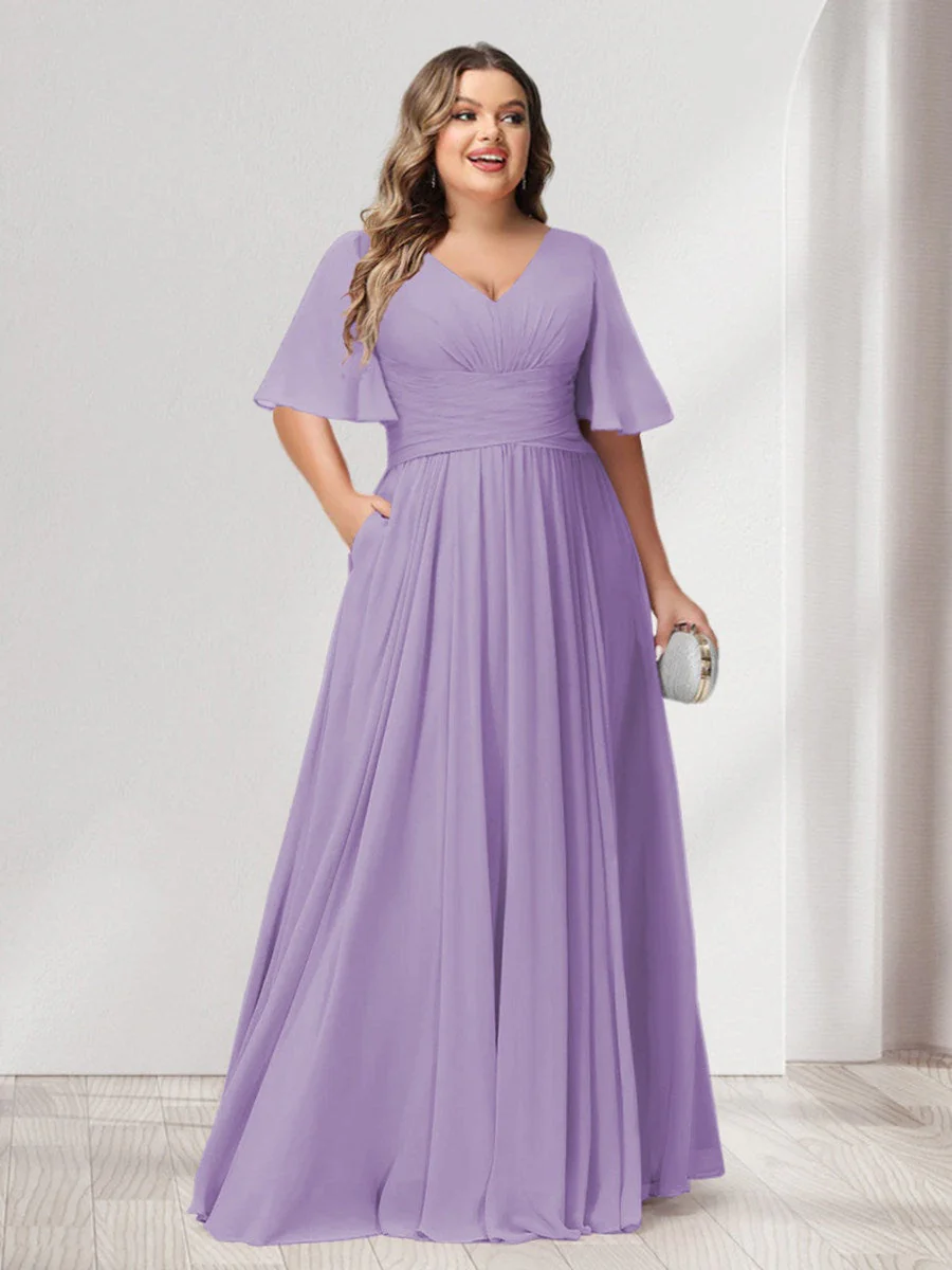 A-Line/Princess V-Neck Half Sleeves Chiffon Plus Size Bridesmaid Dresses with Pockets - Image 10
