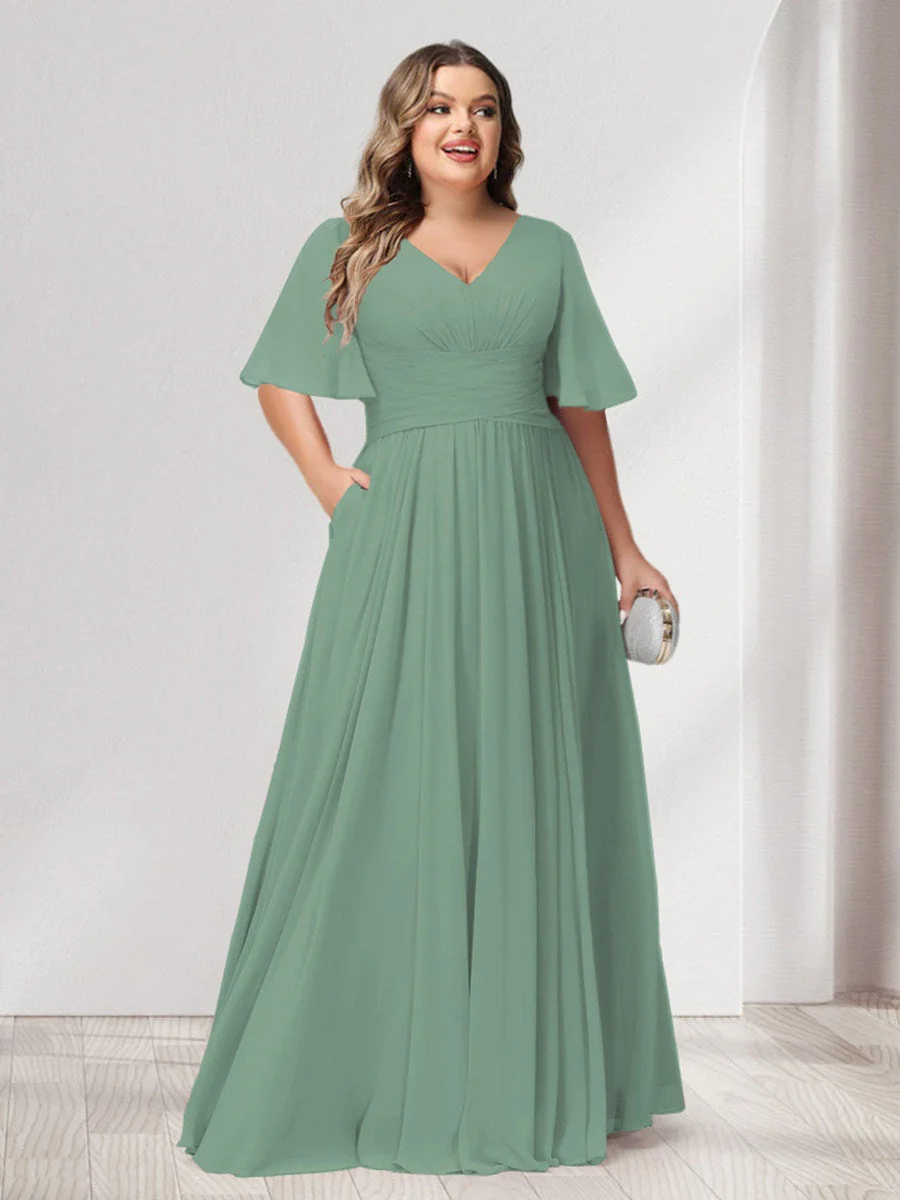 A-Line/Princess V-Neck Half Sleeves Chiffon Plus Size Bridesmaid Dresses with Pockets - Image 13