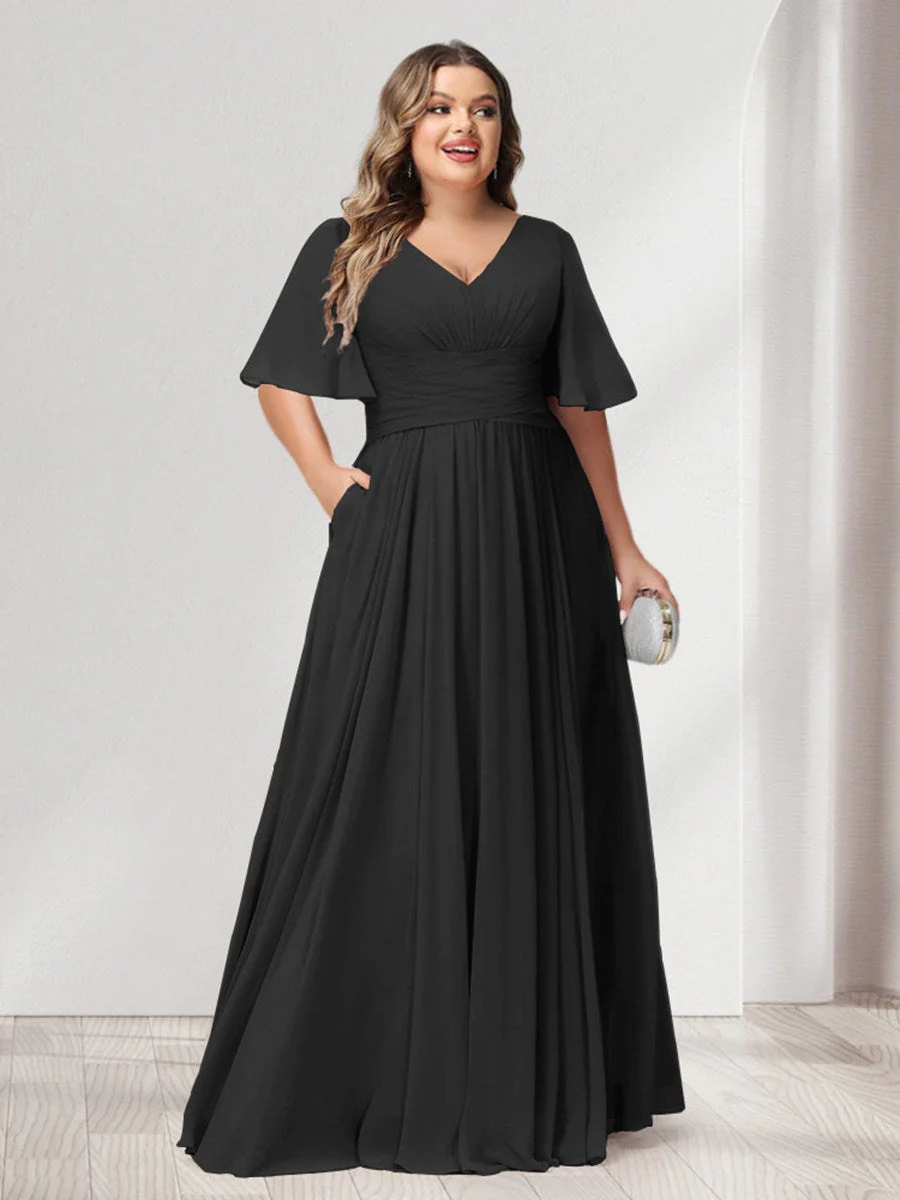 A-Line/Princess V-Neck Half Sleeves Chiffon Plus Size Bridesmaid Dresses with Pockets - Image 14