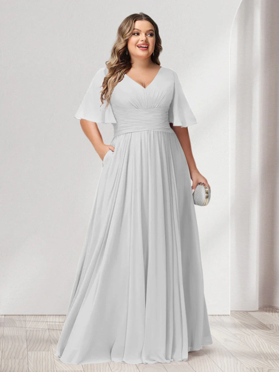 A-Line/Princess V-Neck Half Sleeves Chiffon Plus Size Bridesmaid Dresses with Pockets - Image 16