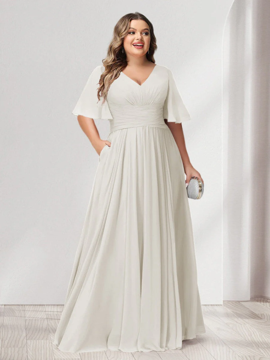 A-Line/Princess V-Neck Half Sleeves Chiffon Plus Size Bridesmaid Dresses with Pockets - Image 17