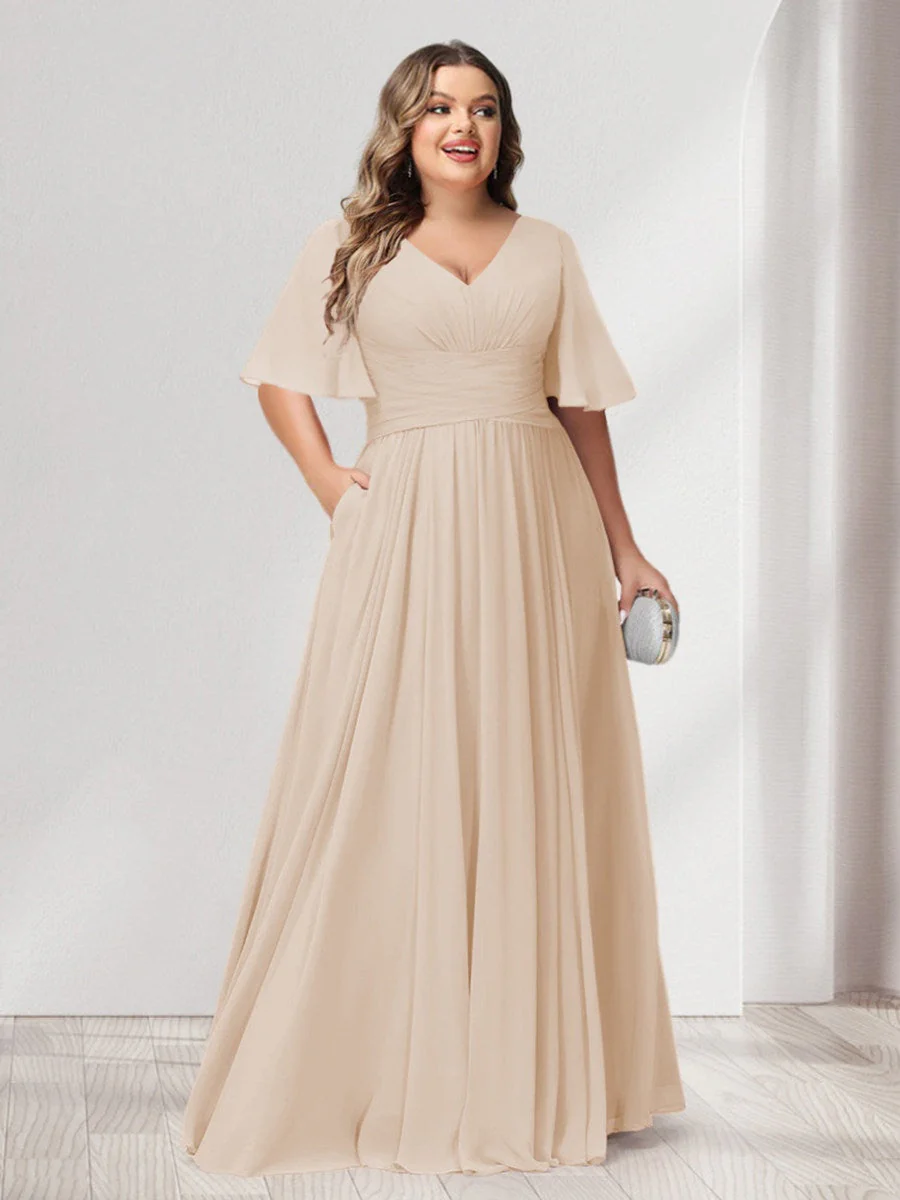 A-Line/Princess V-Neck Half Sleeves Chiffon Plus Size Bridesmaid Dresses with Pockets - Image 19