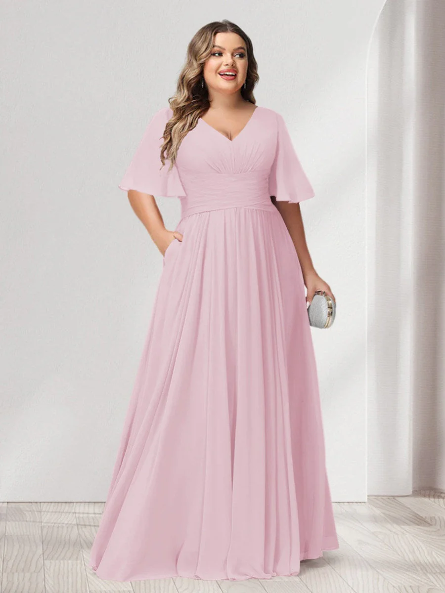 A-Line/Princess V-Neck Half Sleeves Chiffon Plus Size Bridesmaid Dresses with Pockets - Image 21