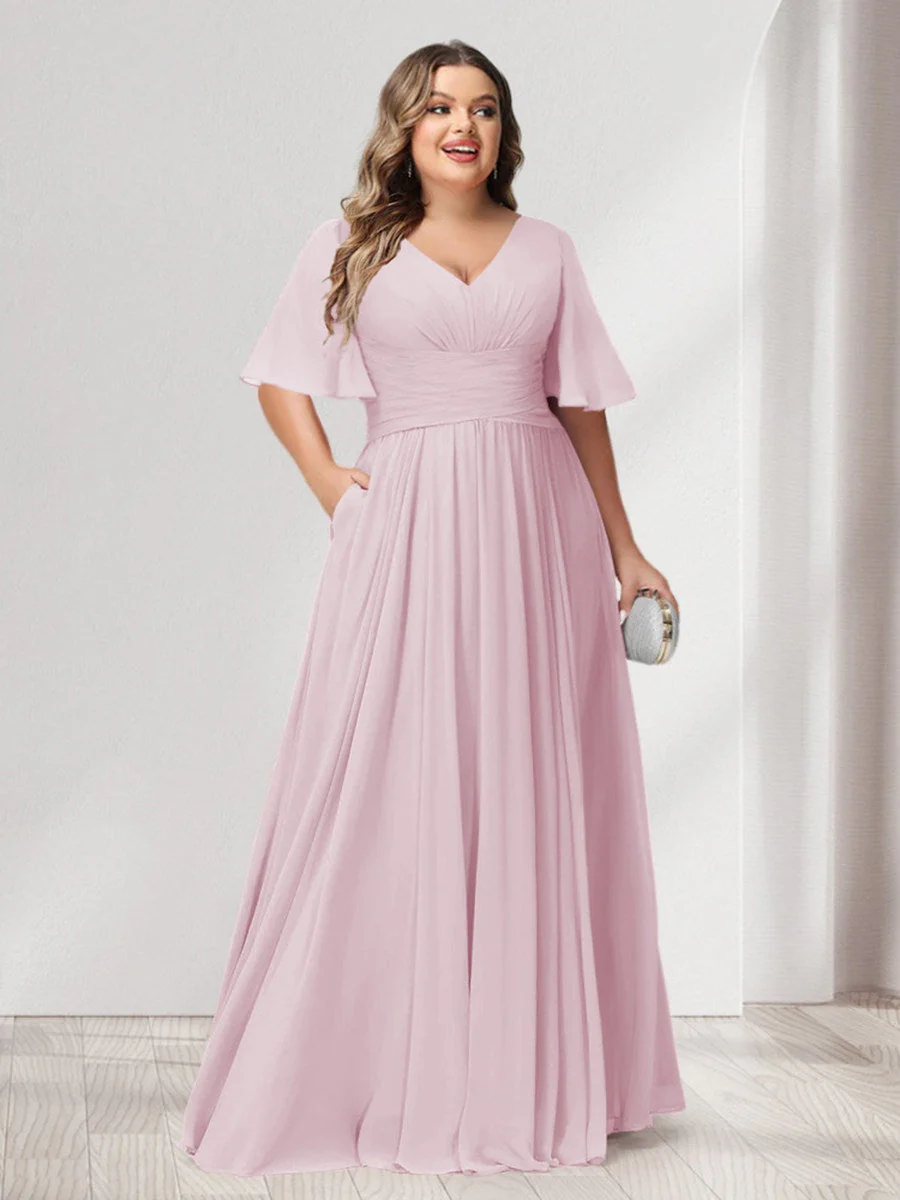 A-Line/Princess V-Neck Half Sleeves Chiffon Plus Size Bridesmaid Dresses with Pockets - Image 22