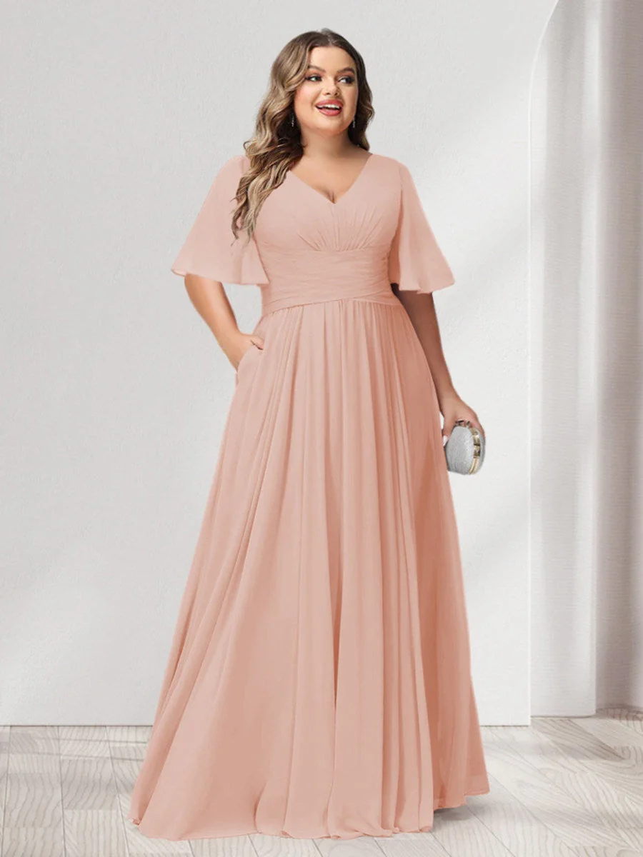 A-Line/Princess V-Neck Half Sleeves Chiffon Plus Size Bridesmaid Dresses with Pockets - Image 24