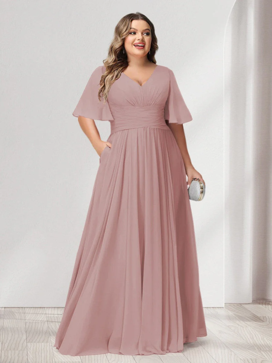 A-Line/Princess V-Neck Half Sleeves Chiffon Plus Size Bridesmaid Dresses with Pockets - Image 26
