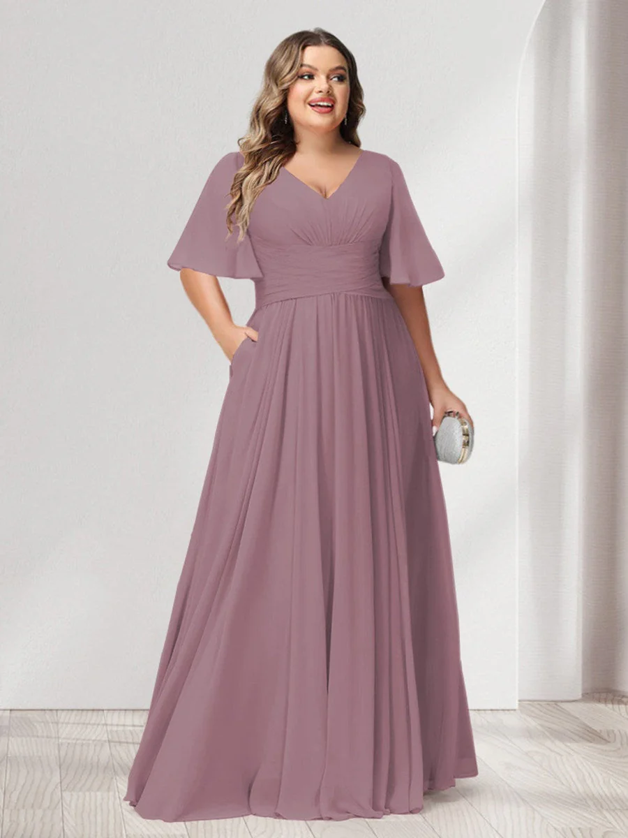 A-Line/Princess V-Neck Half Sleeves Chiffon Plus Size Bridesmaid Dresses with Pockets - Image 27