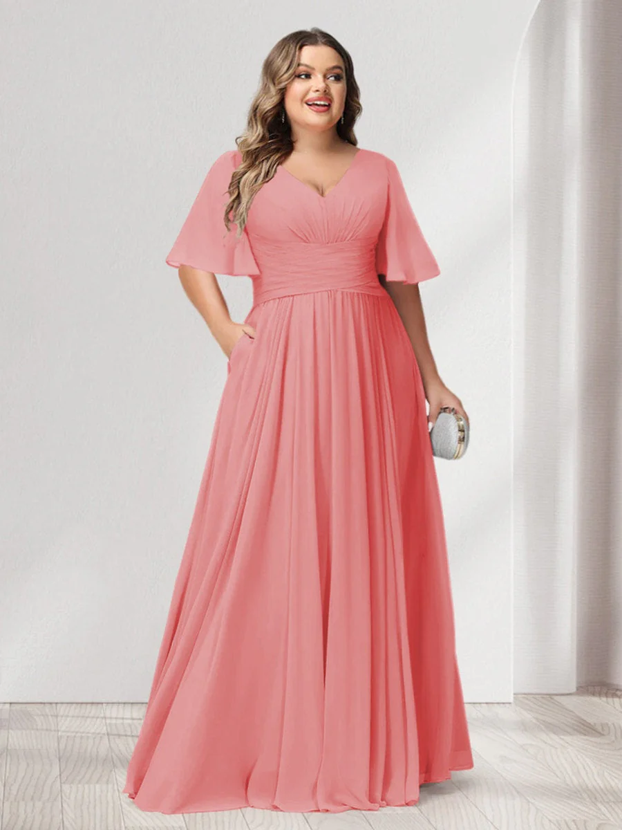 A-Line/Princess V-Neck Half Sleeves Chiffon Plus Size Bridesmaid Dresses with Pockets - Image 28