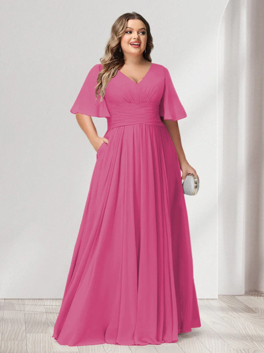 A-Line/Princess V-Neck Half Sleeves Chiffon Plus Size Bridesmaid Dresses with Pockets - Image 29