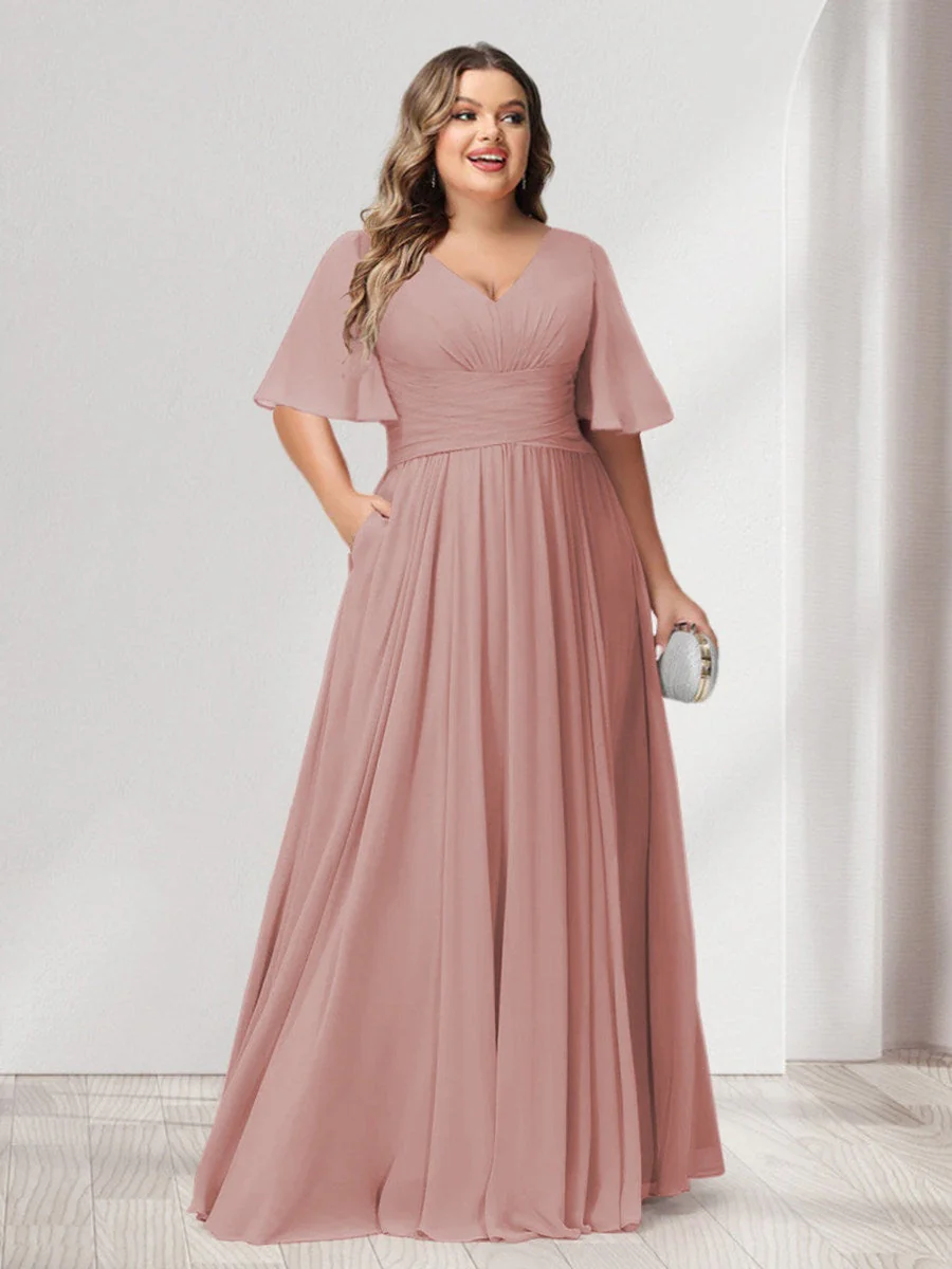A-Line/Princess V-Neck Half Sleeves Chiffon Plus Size Bridesmaid Dresses with Pockets - Image 3