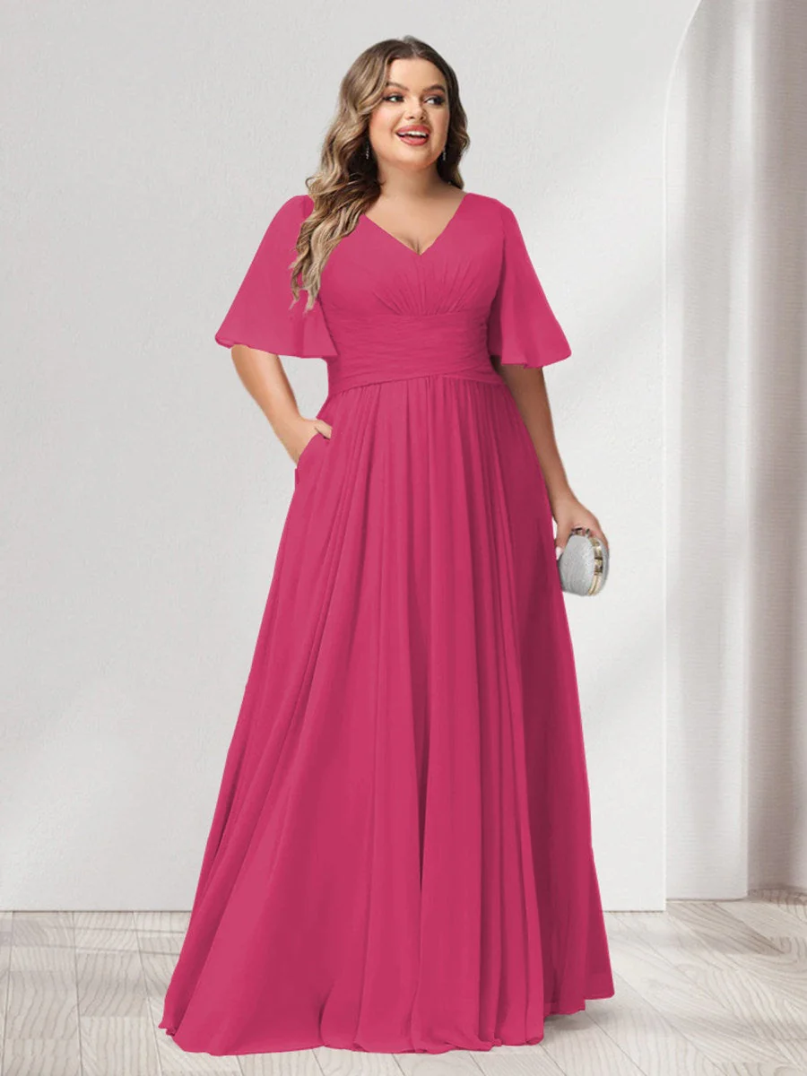A-Line/Princess V-Neck Half Sleeves Chiffon Plus Size Bridesmaid Dresses with Pockets - Image 30