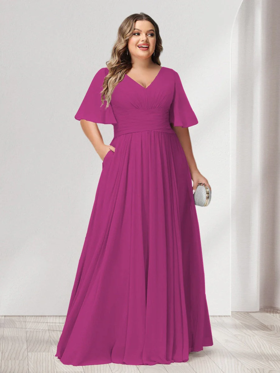 A-Line/Princess V-Neck Half Sleeves Chiffon Plus Size Bridesmaid Dresses with Pockets - Image 31