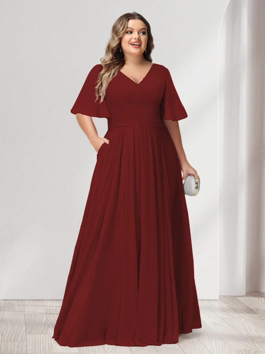 A-Line/Princess V-Neck Half Sleeves Chiffon Plus Size Bridesmaid Dresses with Pockets - Image 33