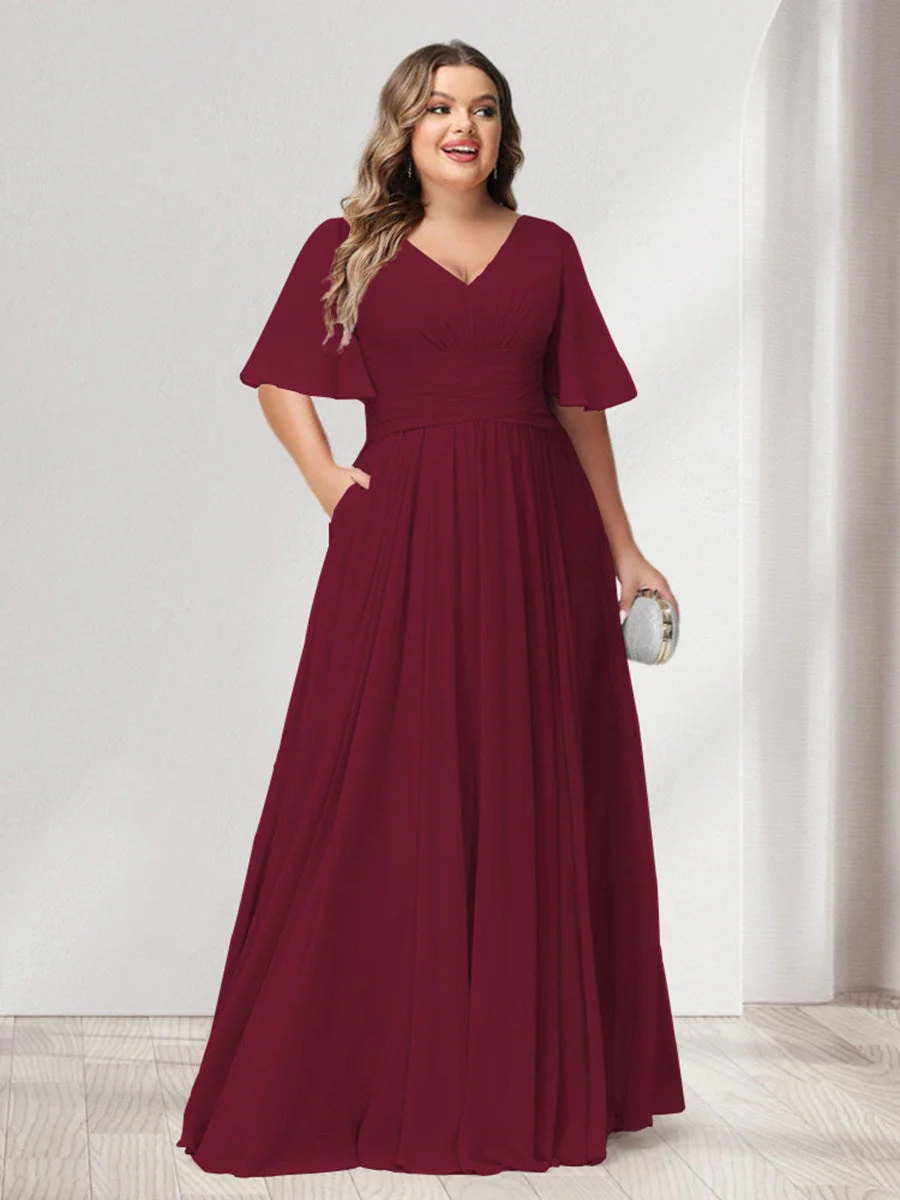 A-Line/Princess V-Neck Half Sleeves Chiffon Plus Size Bridesmaid Dresses with Pockets - Image 34
