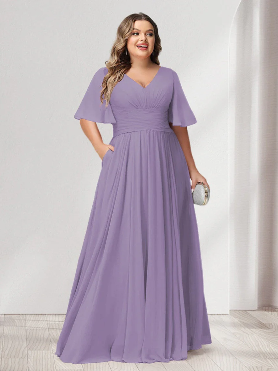A-Line/Princess V-Neck Half Sleeves Chiffon Plus Size Bridesmaid Dresses with Pockets - Image 35