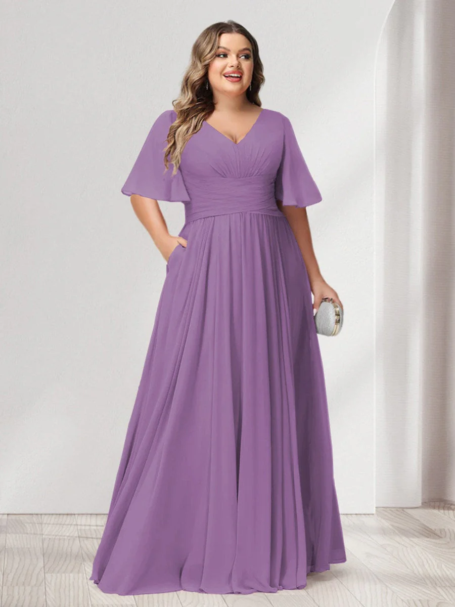 A-Line/Princess V-Neck Half Sleeves Chiffon Plus Size Bridesmaid Dresses with Pockets - Image 36