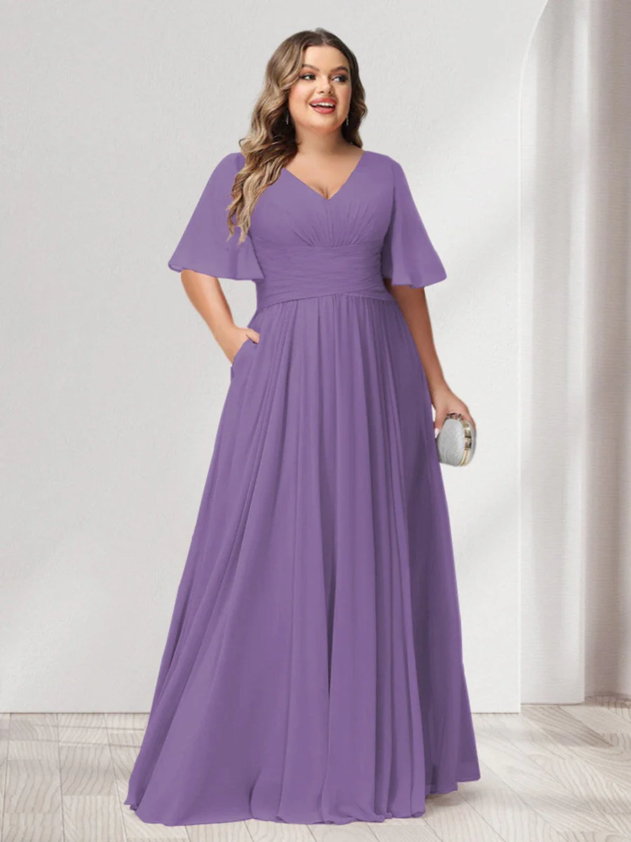 A-Line/Princess V-Neck Half Sleeves Chiffon Plus Size Bridesmaid Dresses with Pockets - Image 37