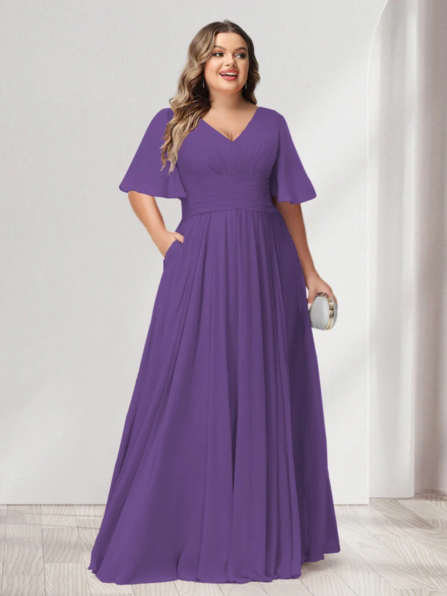 A-Line/Princess V-Neck Half Sleeves Chiffon Plus Size Bridesmaid Dresses with Pockets - Image 38