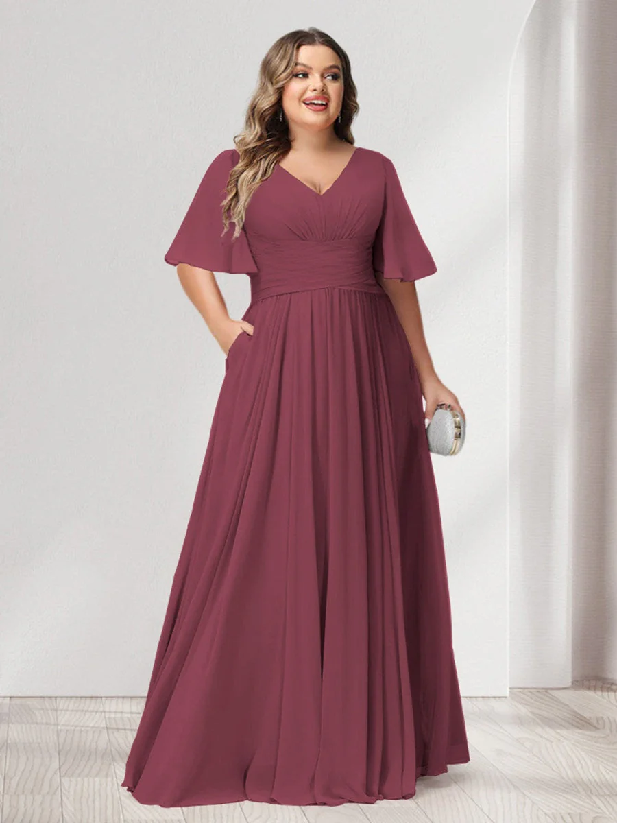 A-Line/Princess V-Neck Half Sleeves Chiffon Plus Size Bridesmaid Dresses with Pockets - Image 39