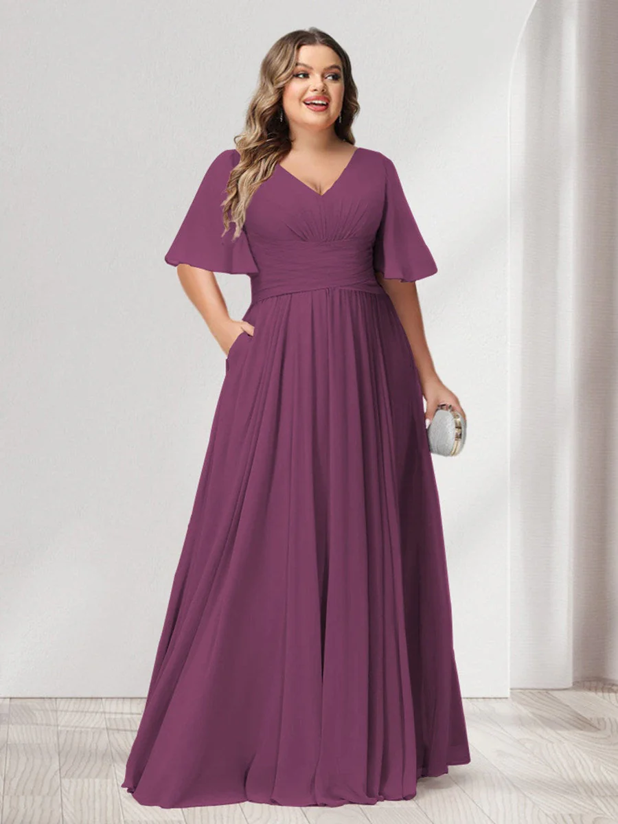 A-Line/Princess V-Neck Half Sleeves Chiffon Plus Size Bridesmaid Dresses with Pockets - Image 40