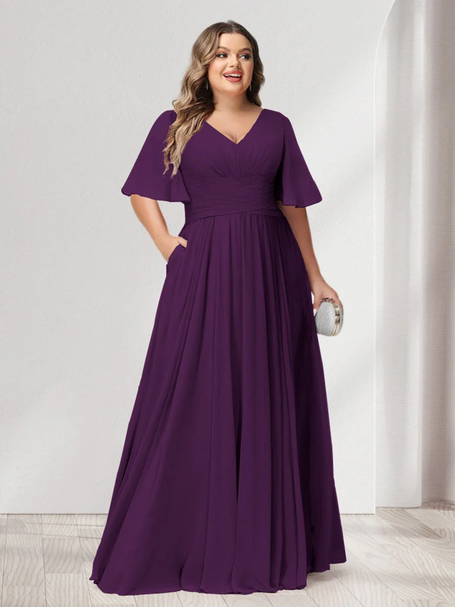 A-Line/Princess V-Neck Half Sleeves Chiffon Plus Size Bridesmaid Dresses with Pockets - Image 41