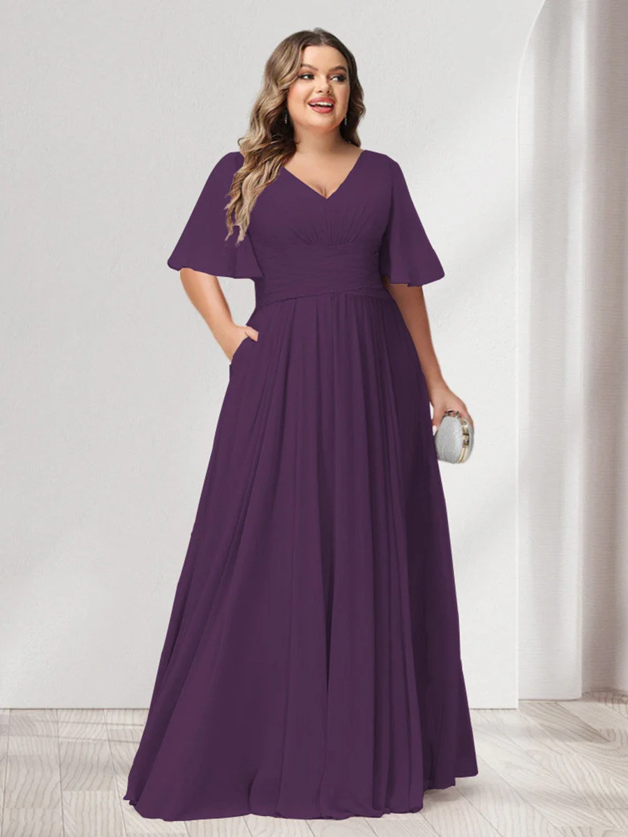A-Line/Princess V-Neck Half Sleeves Chiffon Plus Size Bridesmaid Dresses with Pockets - Image 42