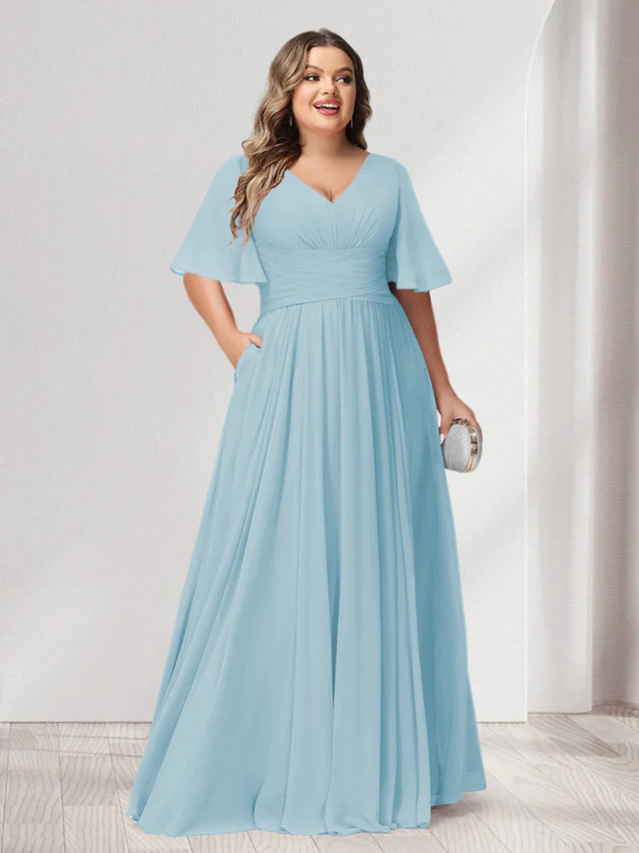 A-Line/Princess V-Neck Half Sleeves Chiffon Plus Size Bridesmaid Dresses with Pockets - Image 43