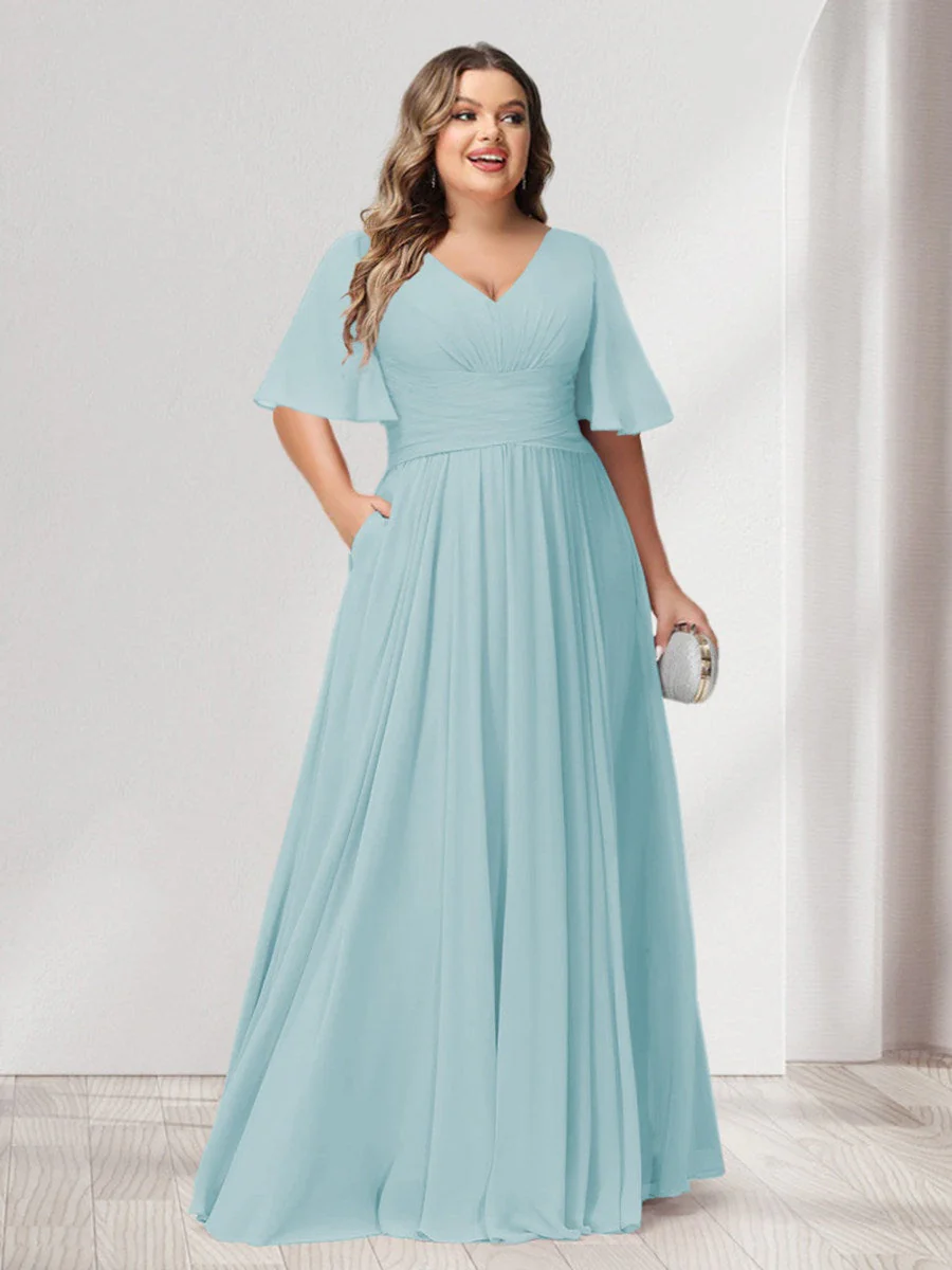 A-Line/Princess V-Neck Half Sleeves Chiffon Plus Size Bridesmaid Dresses with Pockets - Image 45