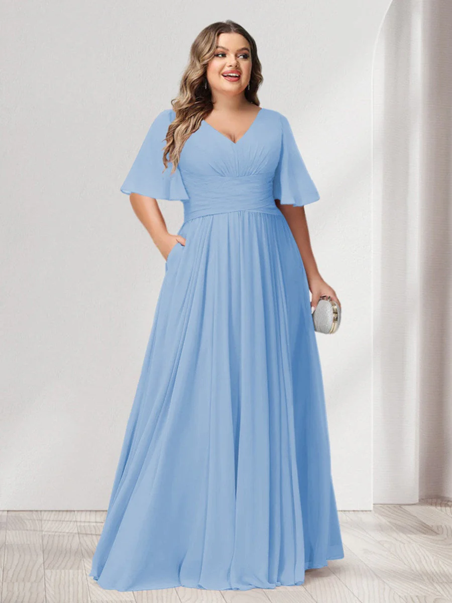 A-Line/Princess V-Neck Half Sleeves Chiffon Plus Size Bridesmaid Dresses with Pockets - Image 46