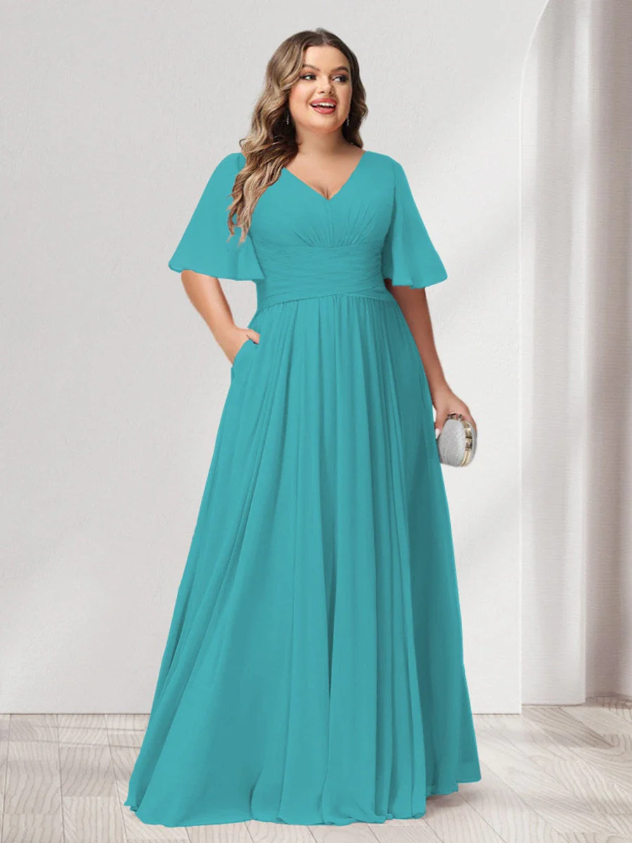 A-Line/Princess V-Neck Half Sleeves Chiffon Plus Size Bridesmaid Dresses with Pockets - Image 48