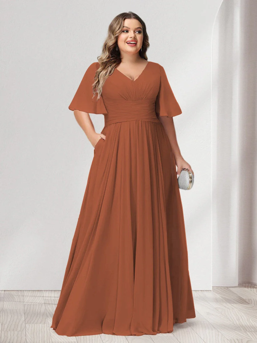 A-Line/Princess V-Neck Half Sleeves Chiffon Plus Size Bridesmaid Dresses with Pockets - Image 5