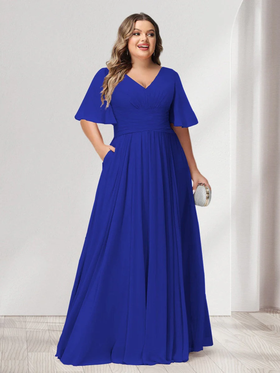 A-Line/Princess V-Neck Half Sleeves Chiffon Plus Size Bridesmaid Dresses with Pockets - Image 52