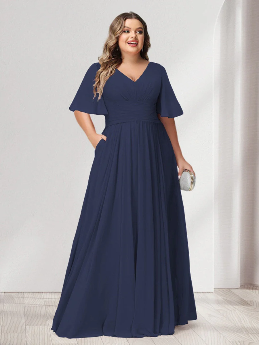 A-Line/Princess V-Neck Half Sleeves Chiffon Plus Size Bridesmaid Dresses with Pockets - Image 55